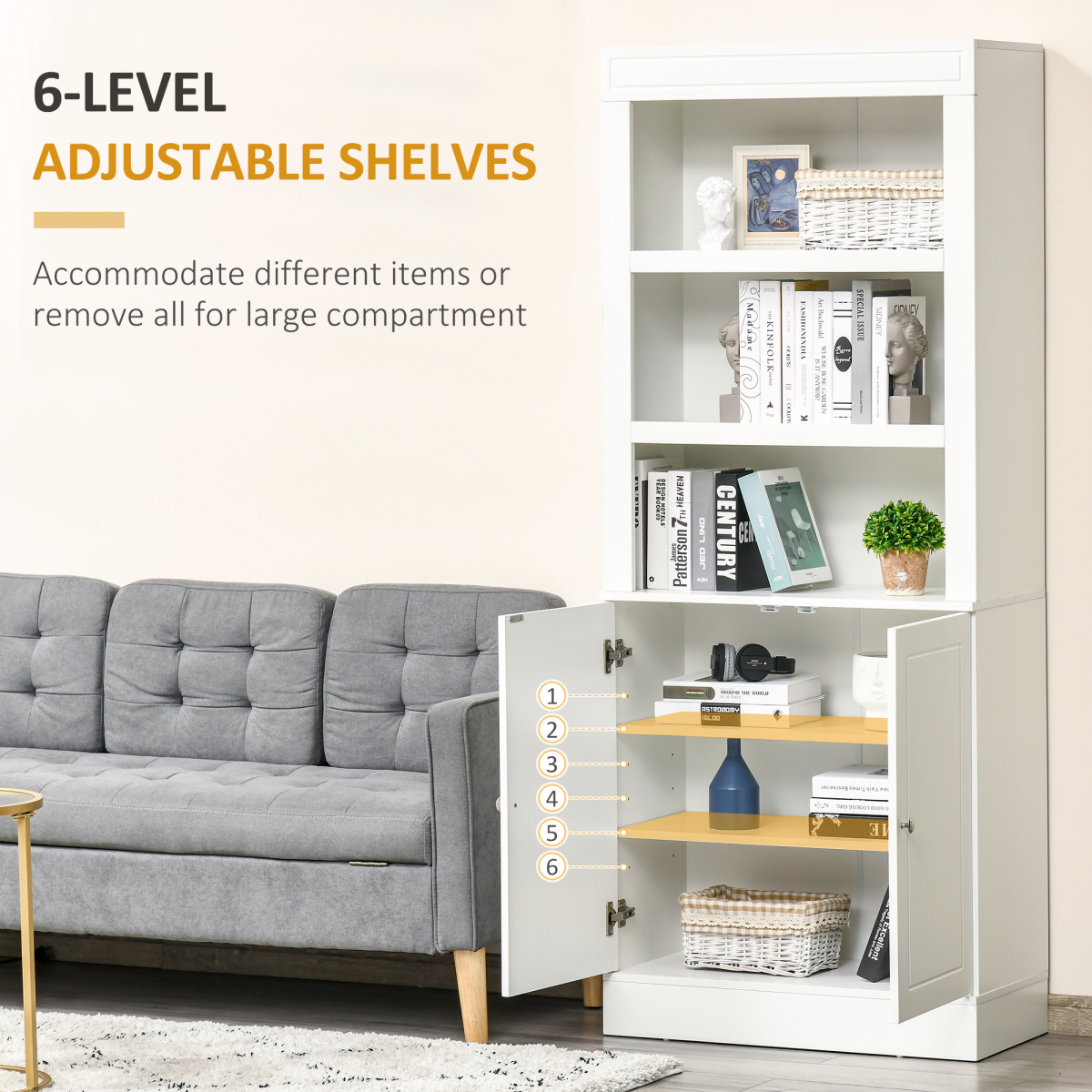 Kitchen Cupboard with 6-tier Shelving, Sideboard  Double-door , White