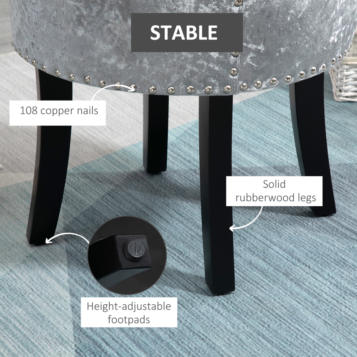 Dressing Table Stool Vanity Seat w/ Rubber Wood Legs Bedroom - Grey
