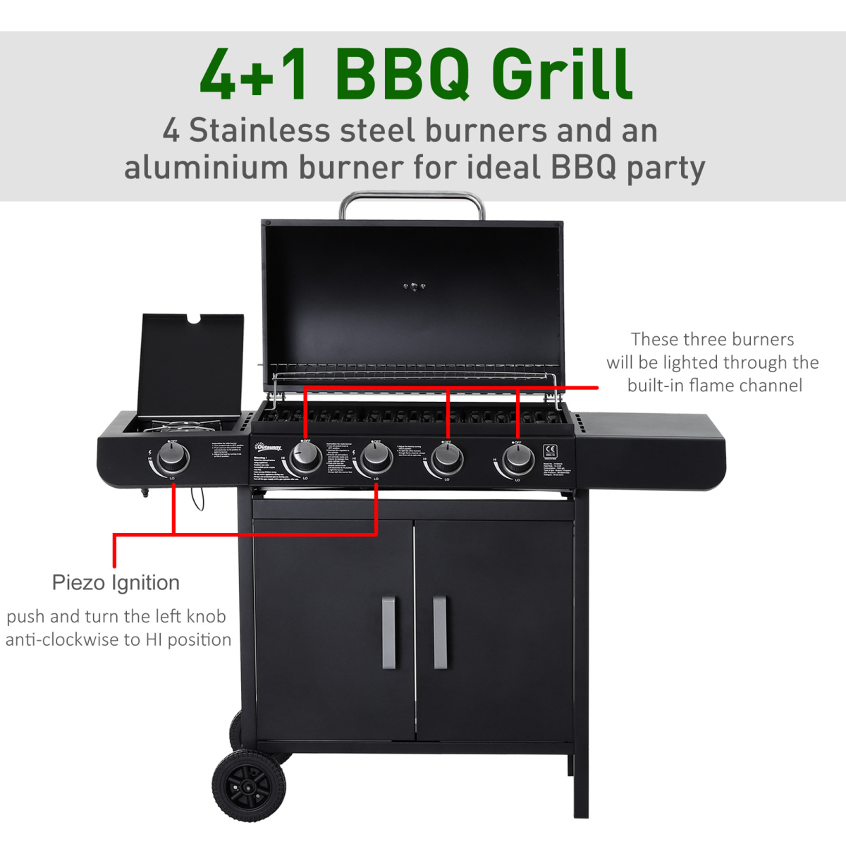 4 Gas BBQ Grill with Wheels, Steel-Black