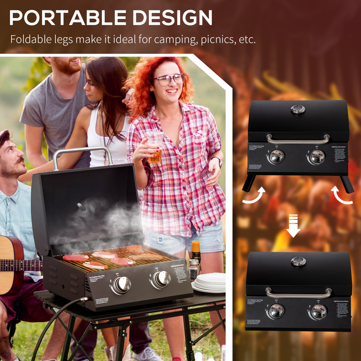 2 Burner Gas BBQ Grill Portable Folding Tabletop Barbecue Lid Thermometer Black