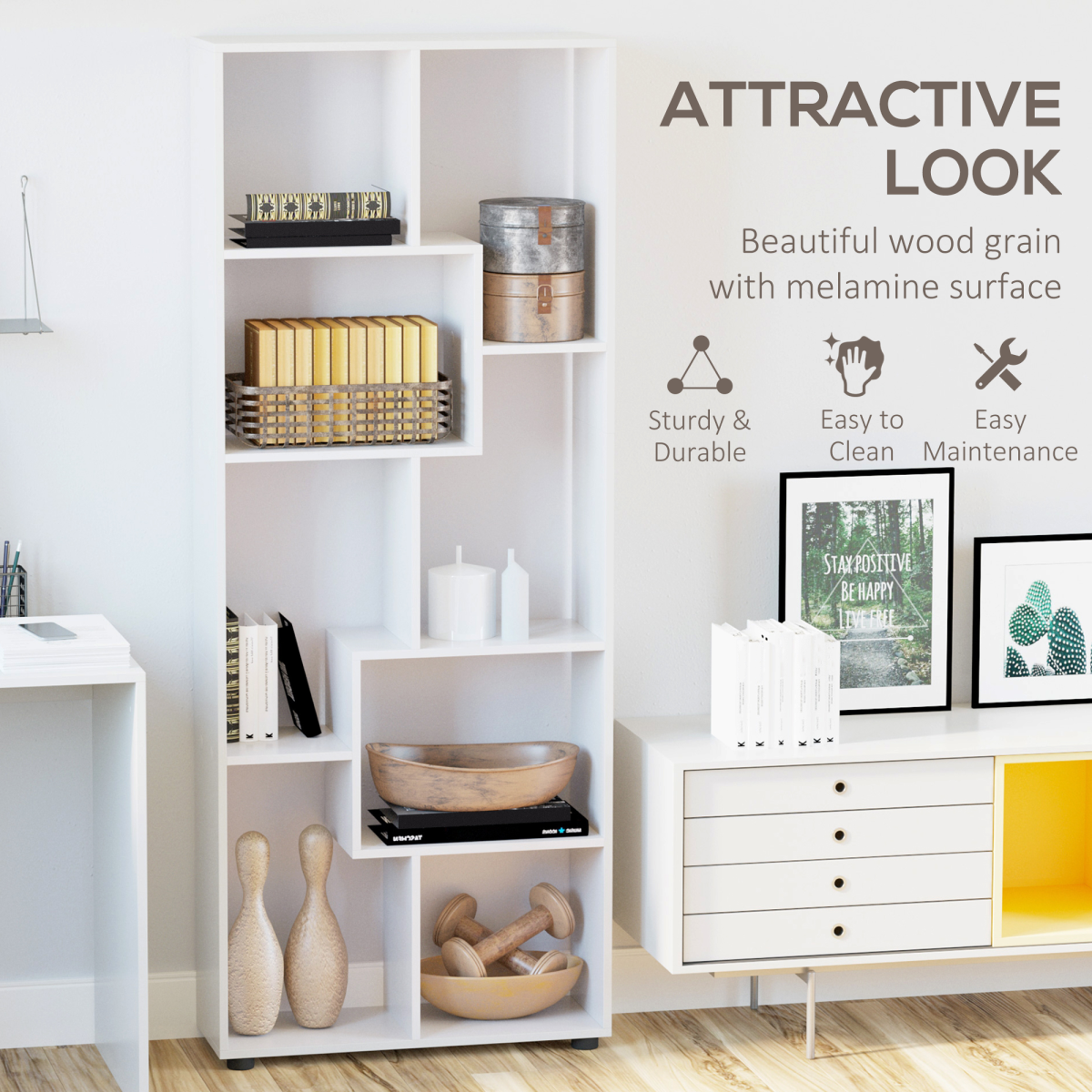 Multipurpose 8-Grid Bookshelf Decorative Shelf, Bathroom, Kitchen White