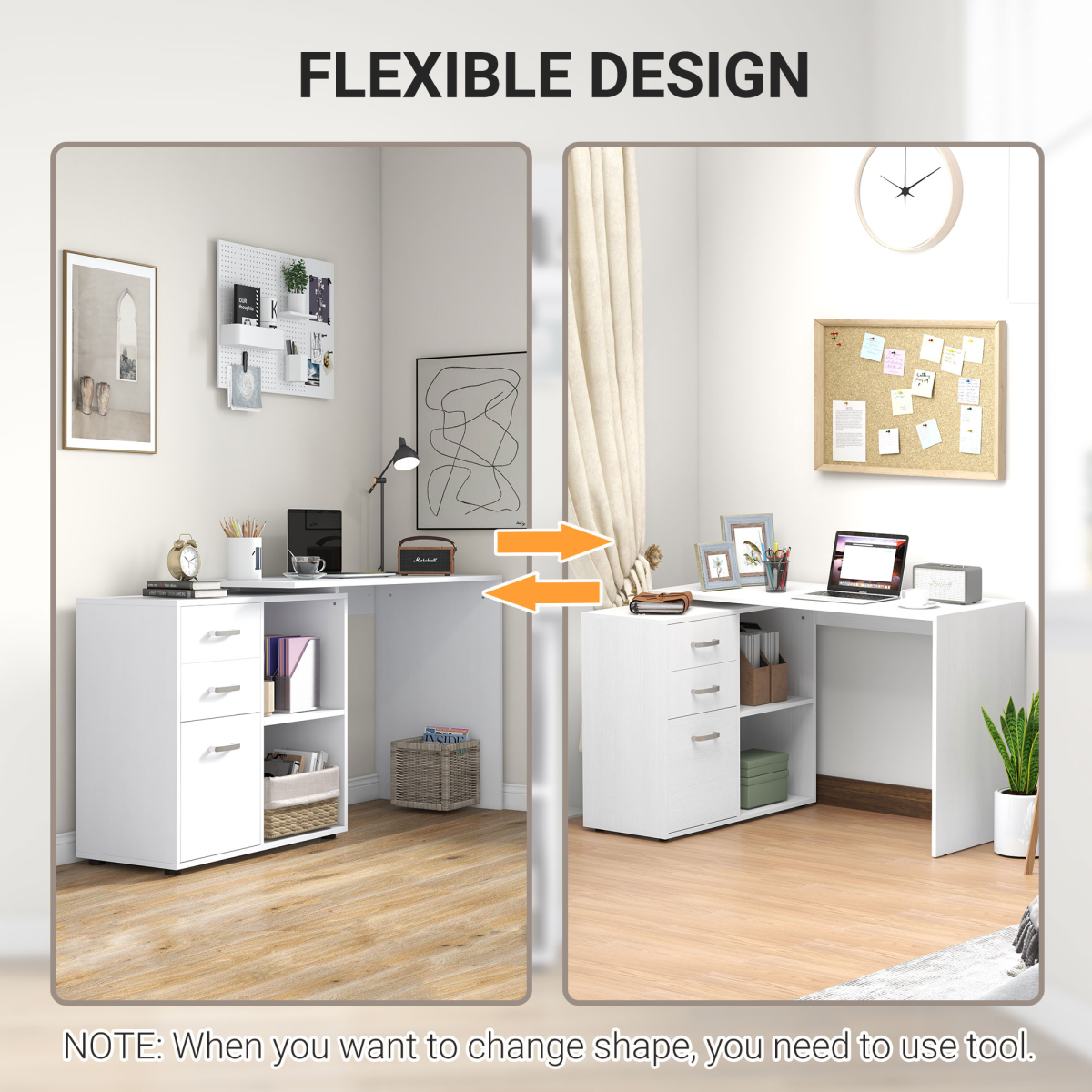 Home Office L Shape Computer Desk Workstation Drawer Shelf File Cabinet-White