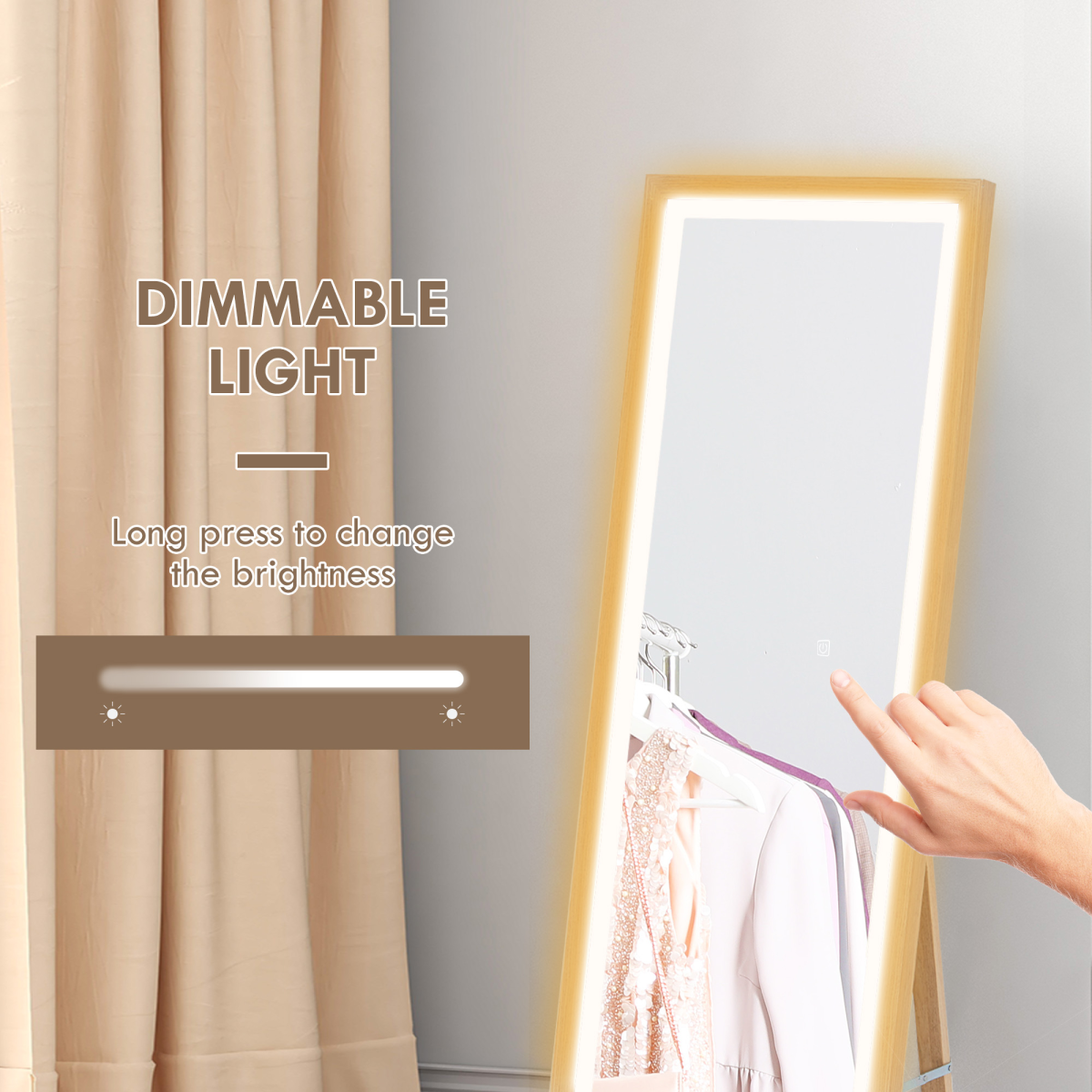 HOMCOM Dimming Full Length Mirror w/ Lights Standing Leaning Wall Mount Oak