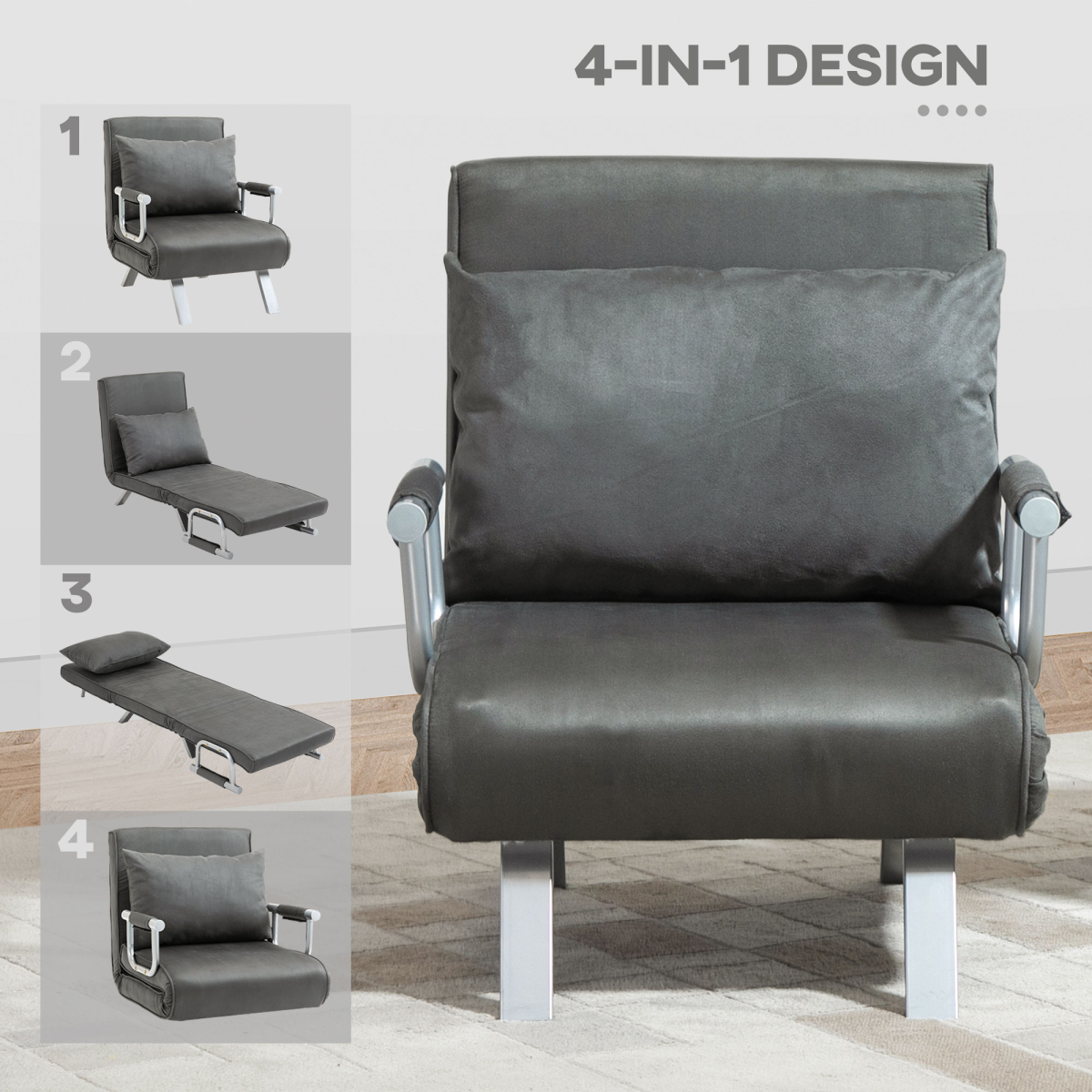 Sofa Bed Foldable Portable Armchair Sleeper Lounge  Pillow Dark Grey