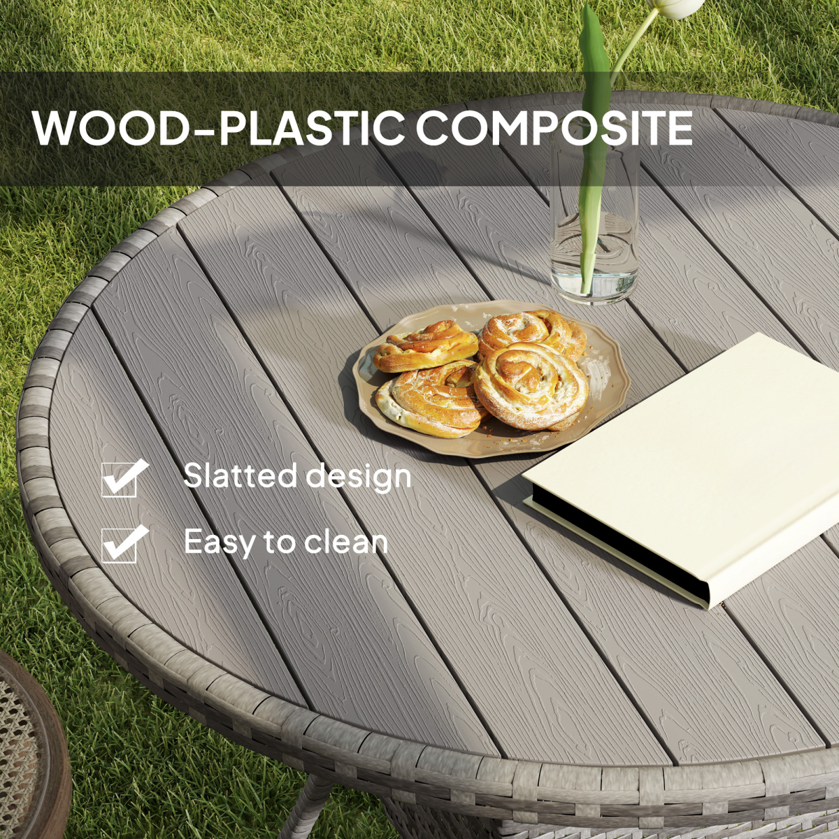 Outsunny Outdoor PE Rattan Dining Table w/ Wood-plastic Composite Top, Grey