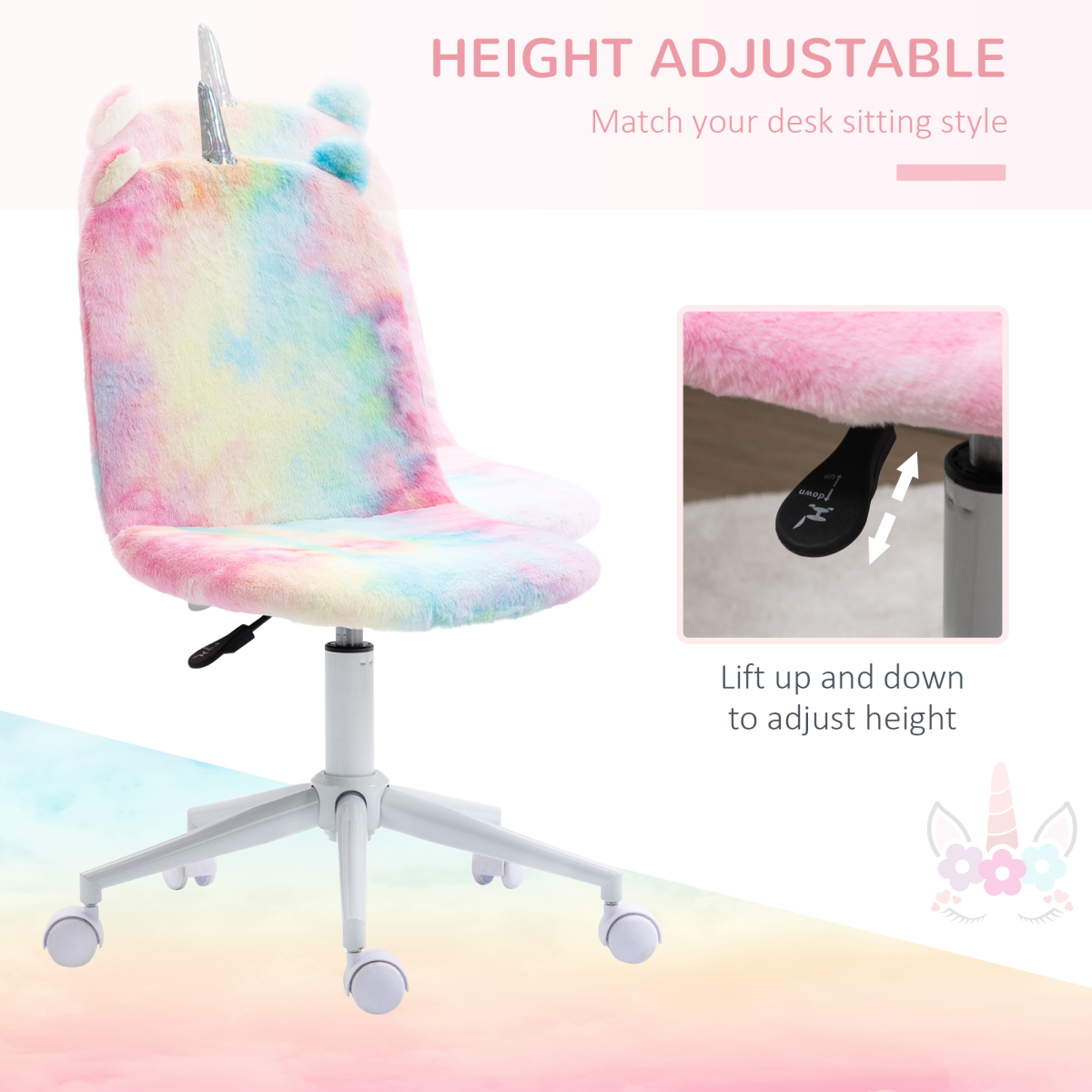 Vinsetto Fluffy Unicorn Office Chair w/ Swivel Wheel, Cute Desk Chair, Rainbow