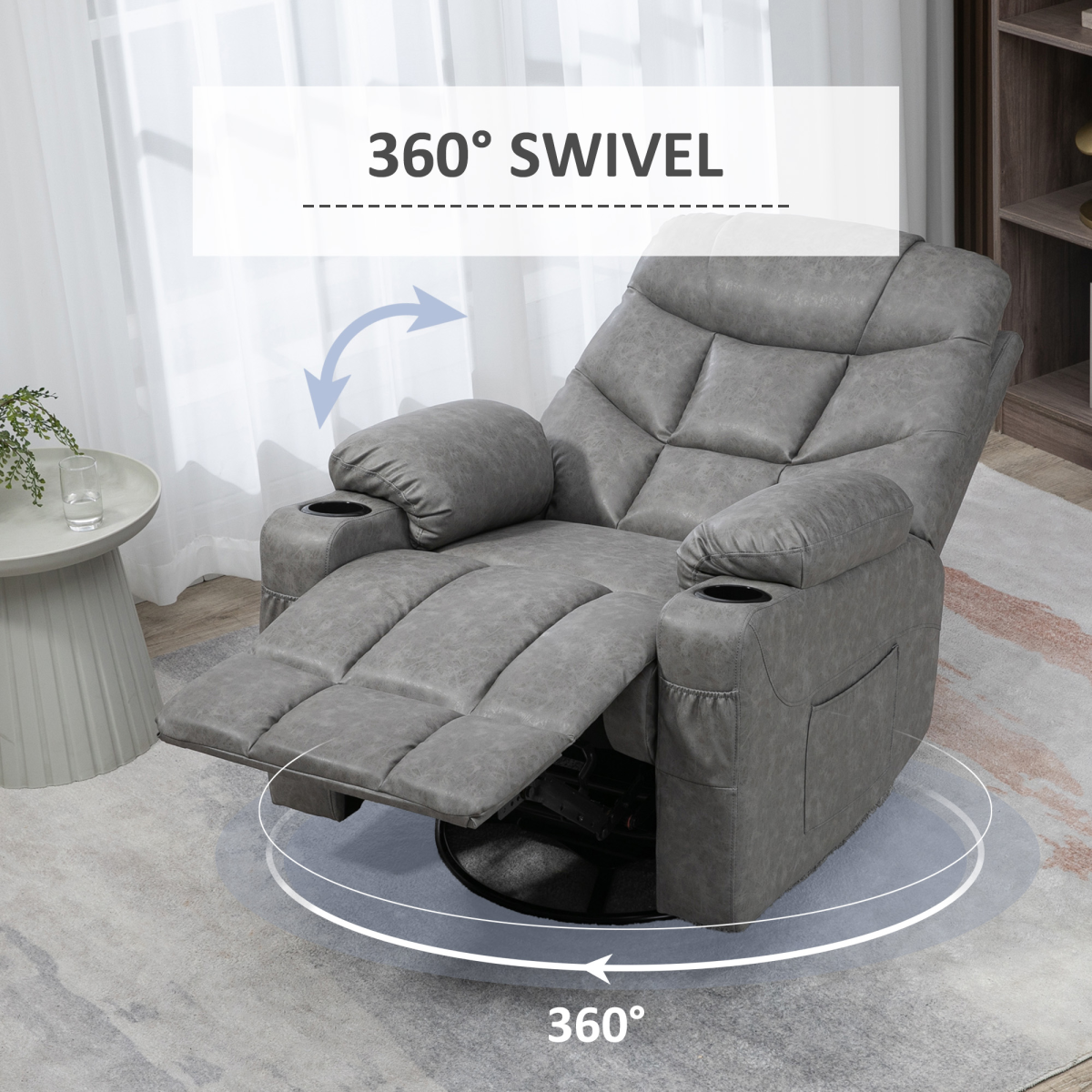 PU Leather Manual Recliner Chair Recliner Armchair Grey 360 Degreee swivel