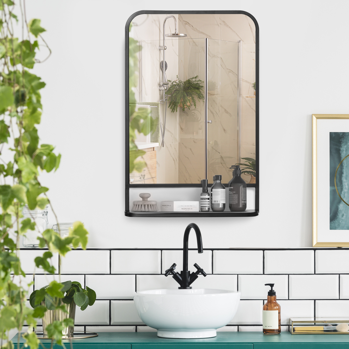 Square Wall Mirror with Shelf, 86x53 cm Modern Mirrors for Living Room, Bedroom