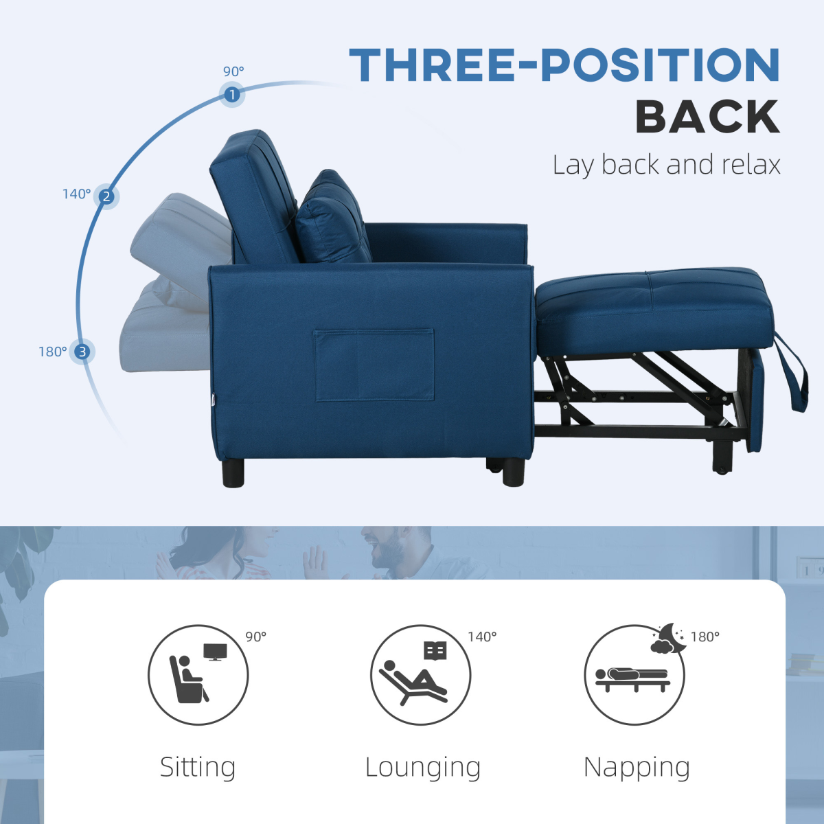 HOMCOM Pull Out Chair Bed, Sleeper Chair with Pillow, Side Pockets, Blue