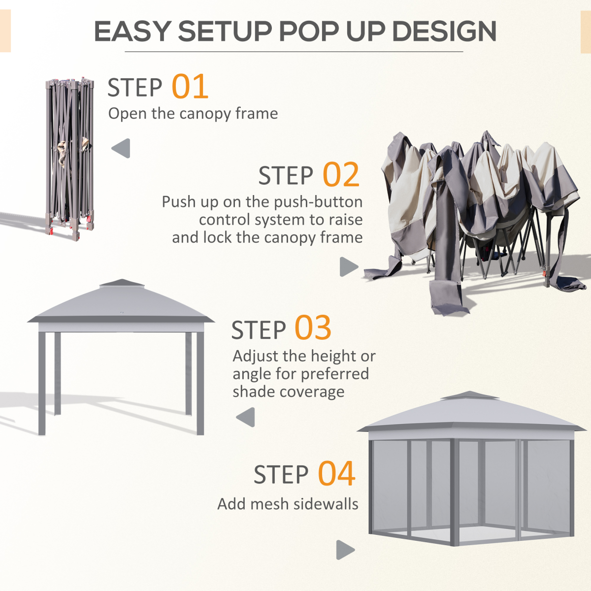 Pop Up Gazebo Height Adjustable Canopy Tent w/ Carrying Bag, Grey