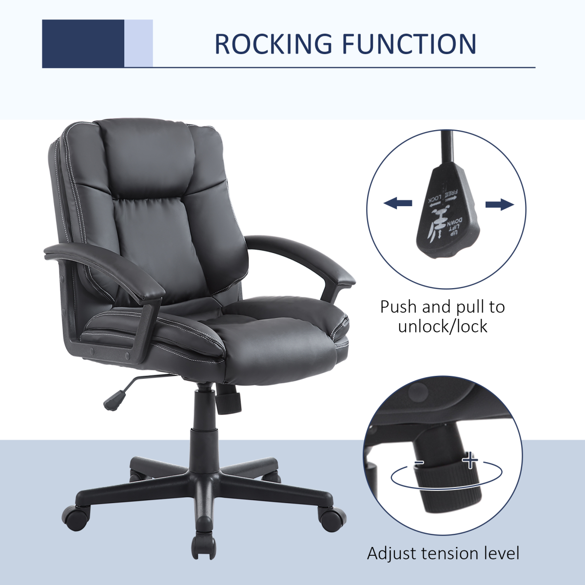 Swivel Executive Office Chair Mid Back PU Leather Chair w/ Arm, Black HOMCOM