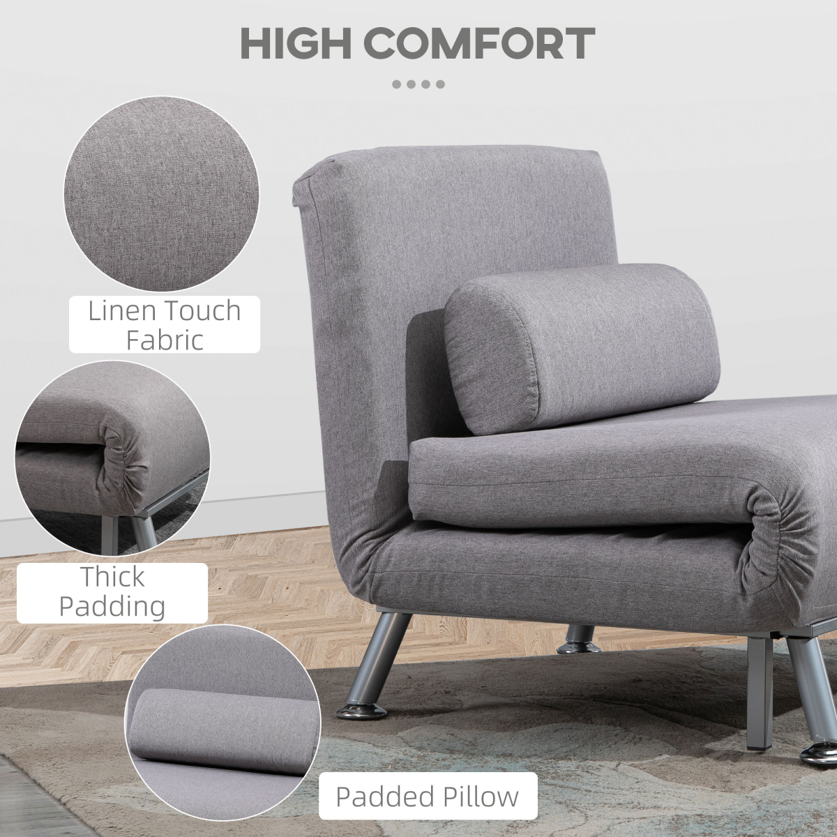 Linen Upholstered Elevated Single Sofa Bed Grey