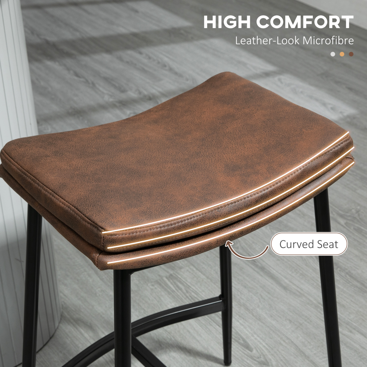 HOMCOM Breakfast Bar Stools Set of 2 Upholstered Barstools w/ Curved Seat Brown