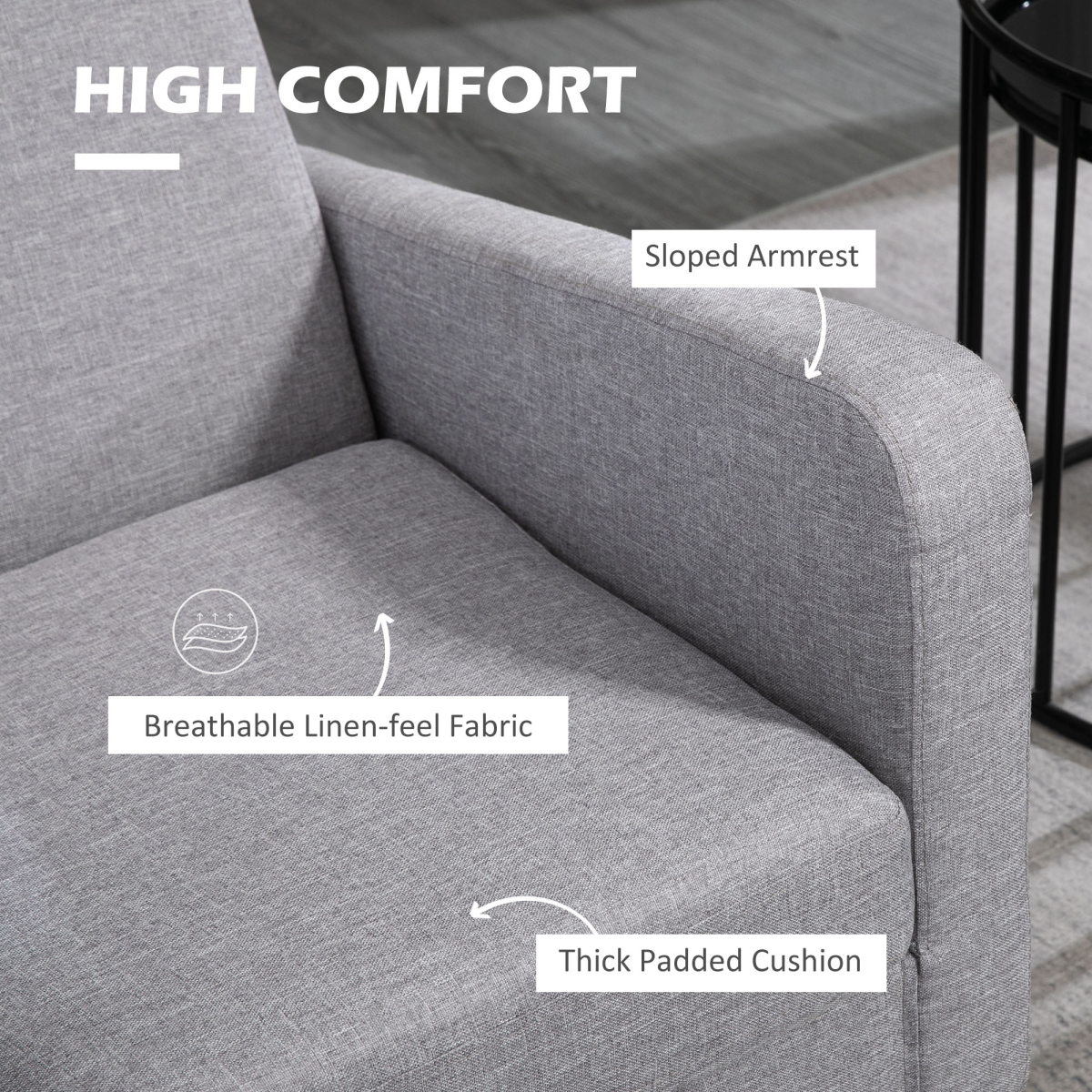 HOMCOM Modern Armchair Accent Chair with Rubber Wood Legs for Bedroom Light Grey