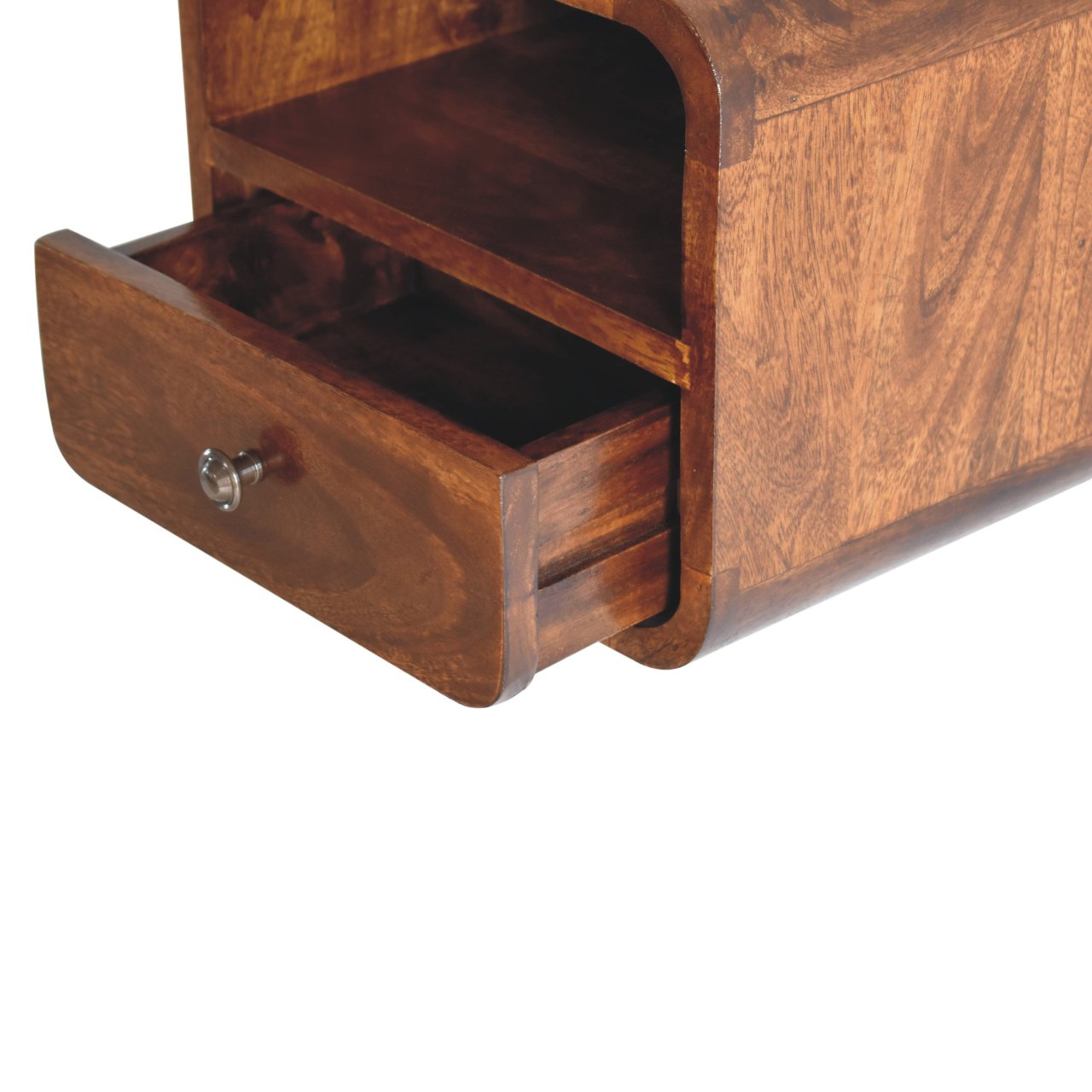 Artisan Furniture Solid Wood Extra Mini Wall Mounted Curved Chestnut Bedside with Open Slot, 1 Drawer, Dark Brown Color