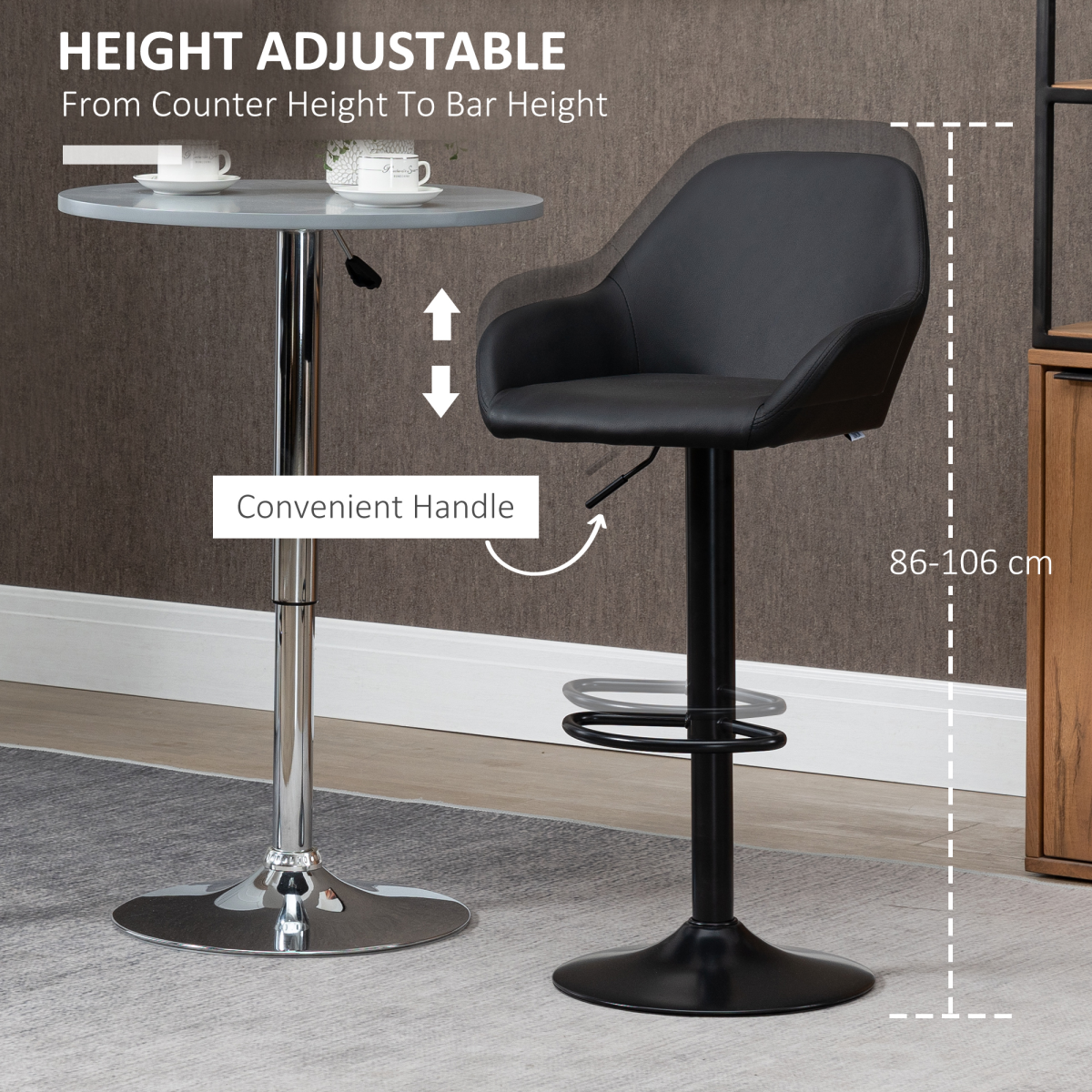 Set of 2, Swivel Barstools with Footrest and Backrest, PU Leather Black
