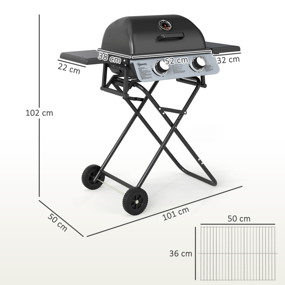 Outsunny Portable Foldable Gas Barbecue Grill with Thermometer, Lid, Black