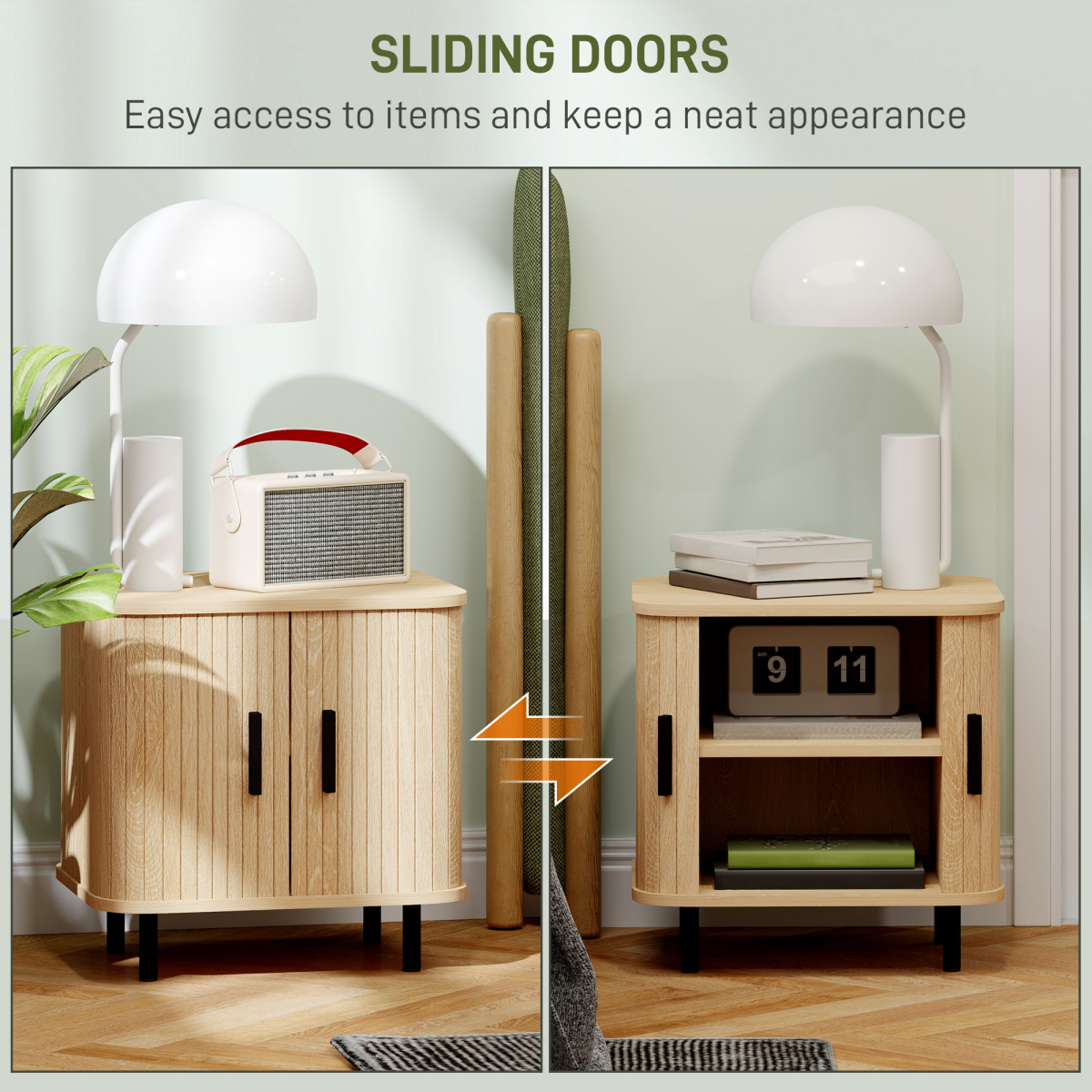 HOMCOM Nightstand with Sliding Doors and Metal Legs for Bedroom Oak Tone