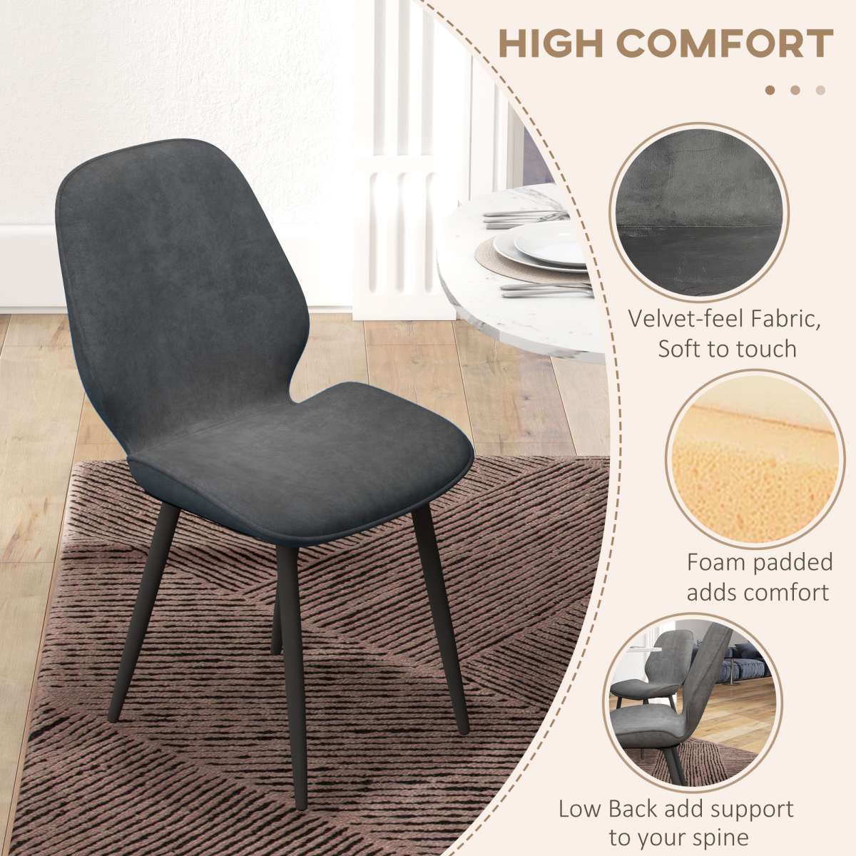 HOMCOM Dining Chairs Set of 2, Upholstered Kitchen Chairs with Metal Legs, Grey