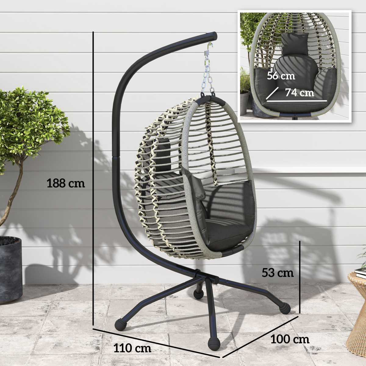 Comfortable Dark Grey Folding Basket Chair with Cup Holders for Relaxation