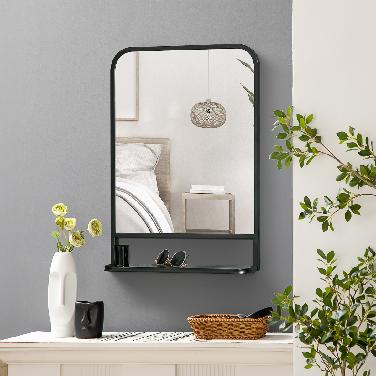 Square Wall Mirror with Shelf, 70x50 cm Modern Mirrors for Living Room, Bedroom