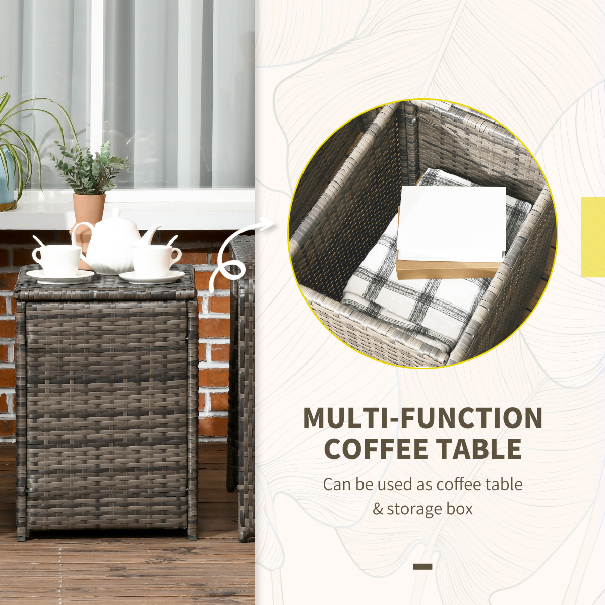 3 Piece PE Rattan Garden Sofa Set w/ 2 Chairs & Storage Table Grey Outsunny