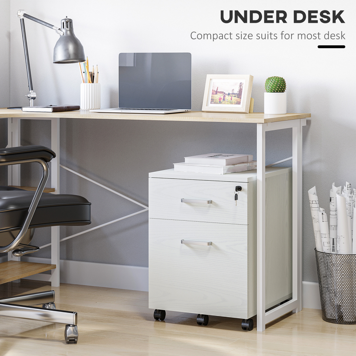 2-Drawer Locking Office Filing Cabinet 5 Wheels Rolling Storage White Vinsetto