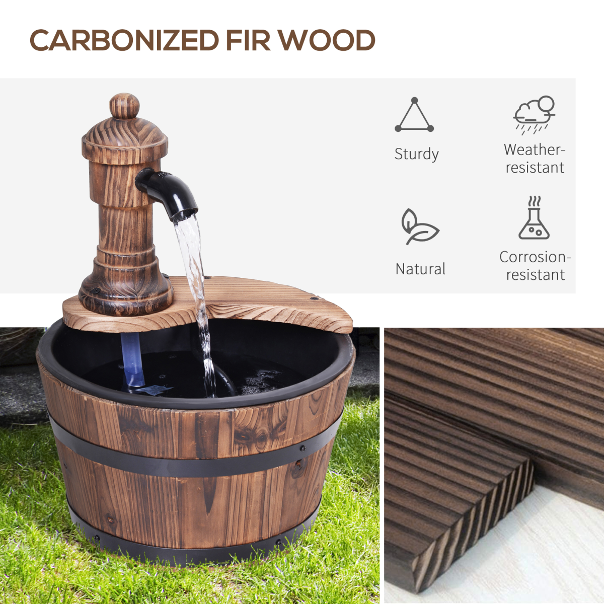 Outsunny Barrel Water Pump Fountain Rustic Wood Electric Water Feature Garden