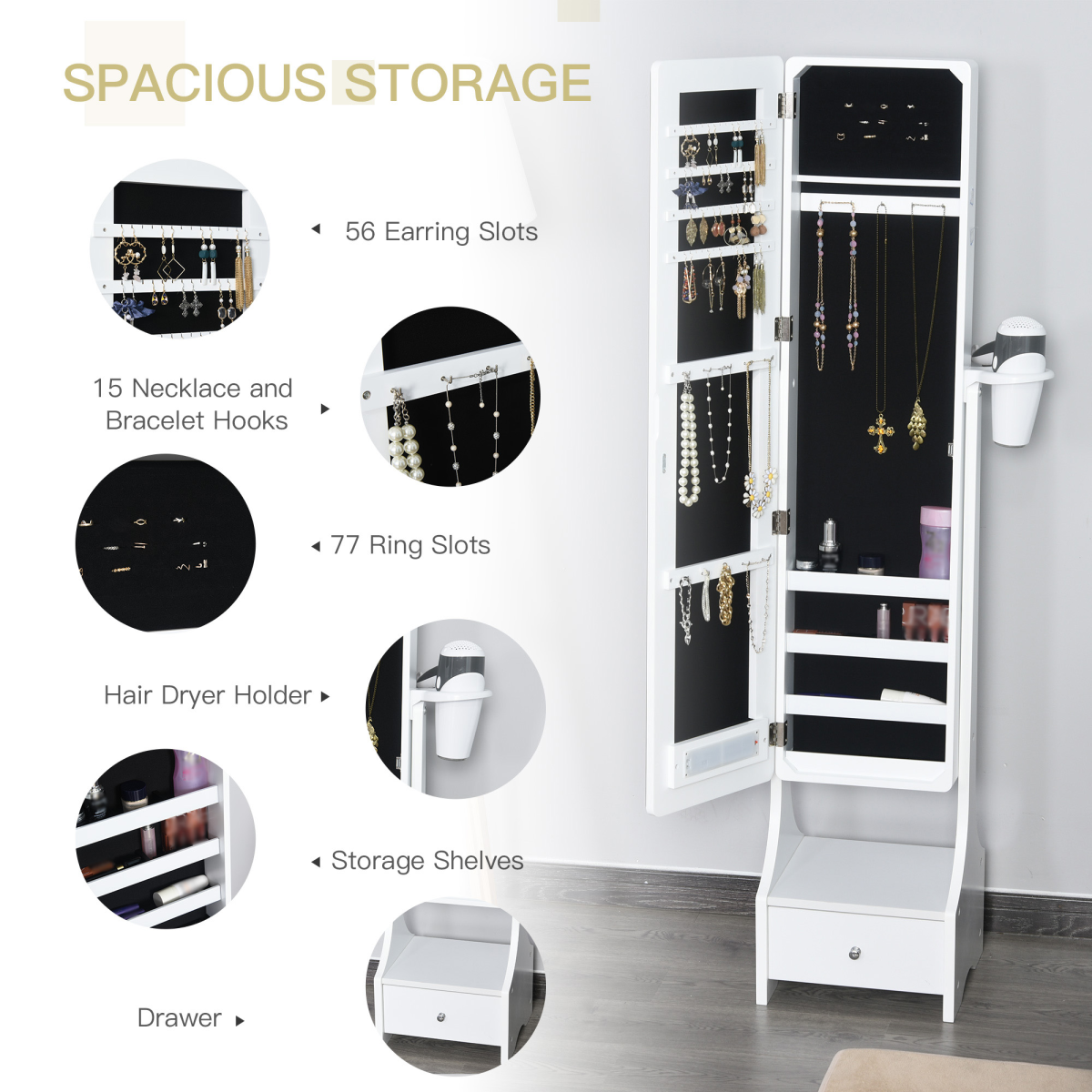 Freestanding Jewellery Storage Mirror Armoire  LED Lights Hooks Drawer