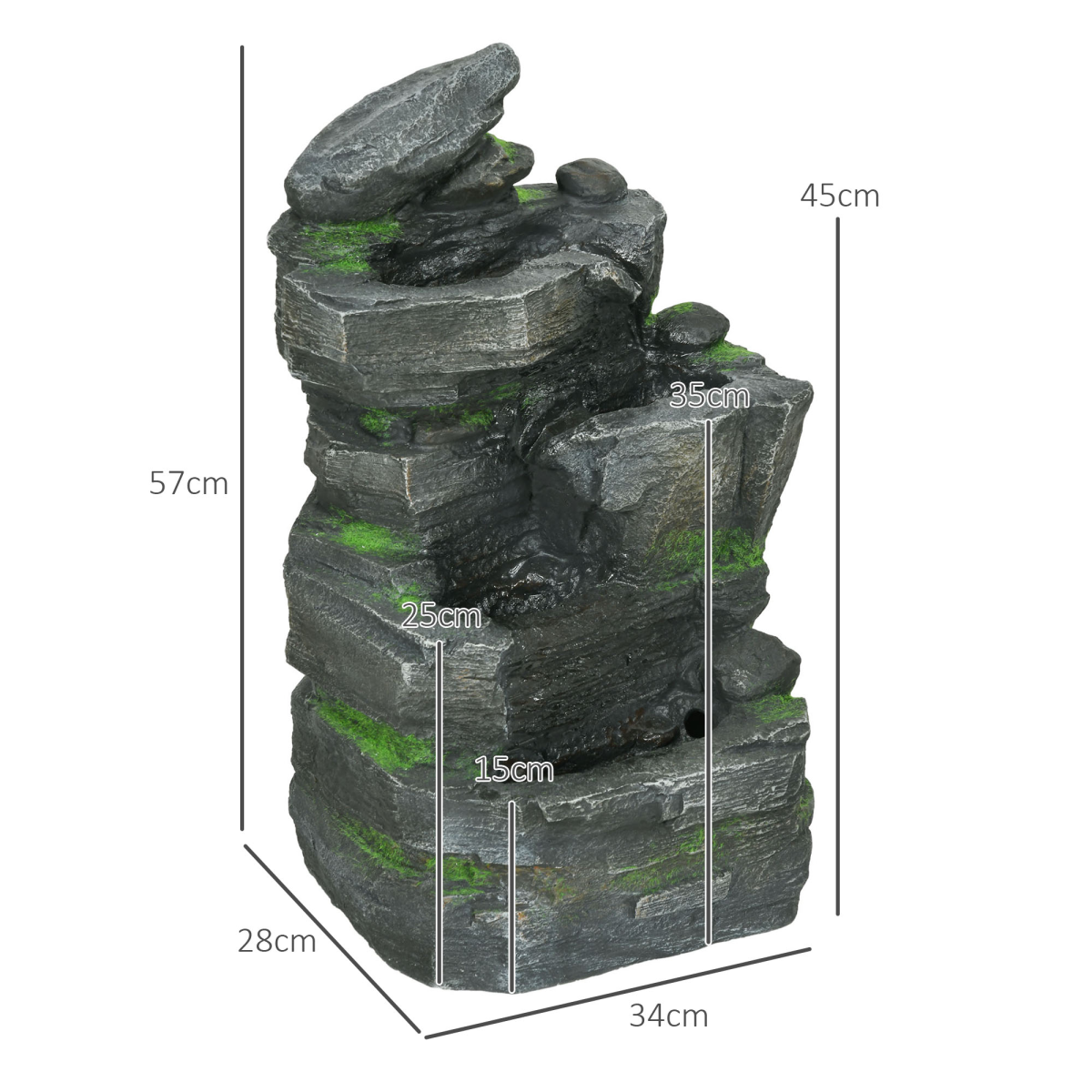 Outsunny Garden Fountain, Outdoor Water Feature With LED Light, Dark Grey