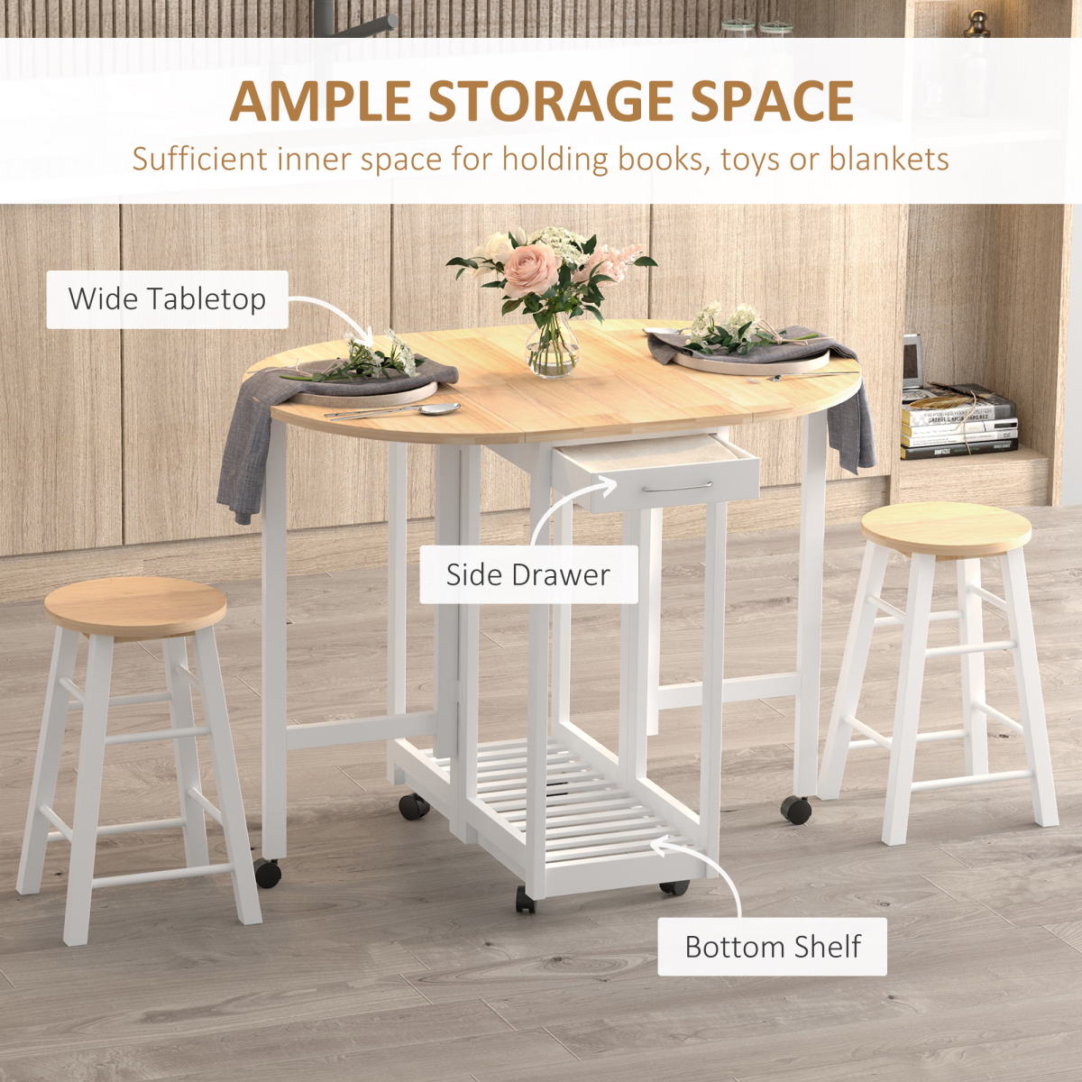 3pc Wooden Kitchen Cart Mobile Rolling Trolley Folding Stools Wheels Drawers