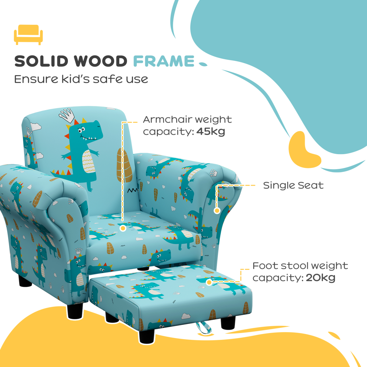 AIYAPLAY 2 Piece Kids Sofa Set with Dinosaur Design, for Nursery, Blue