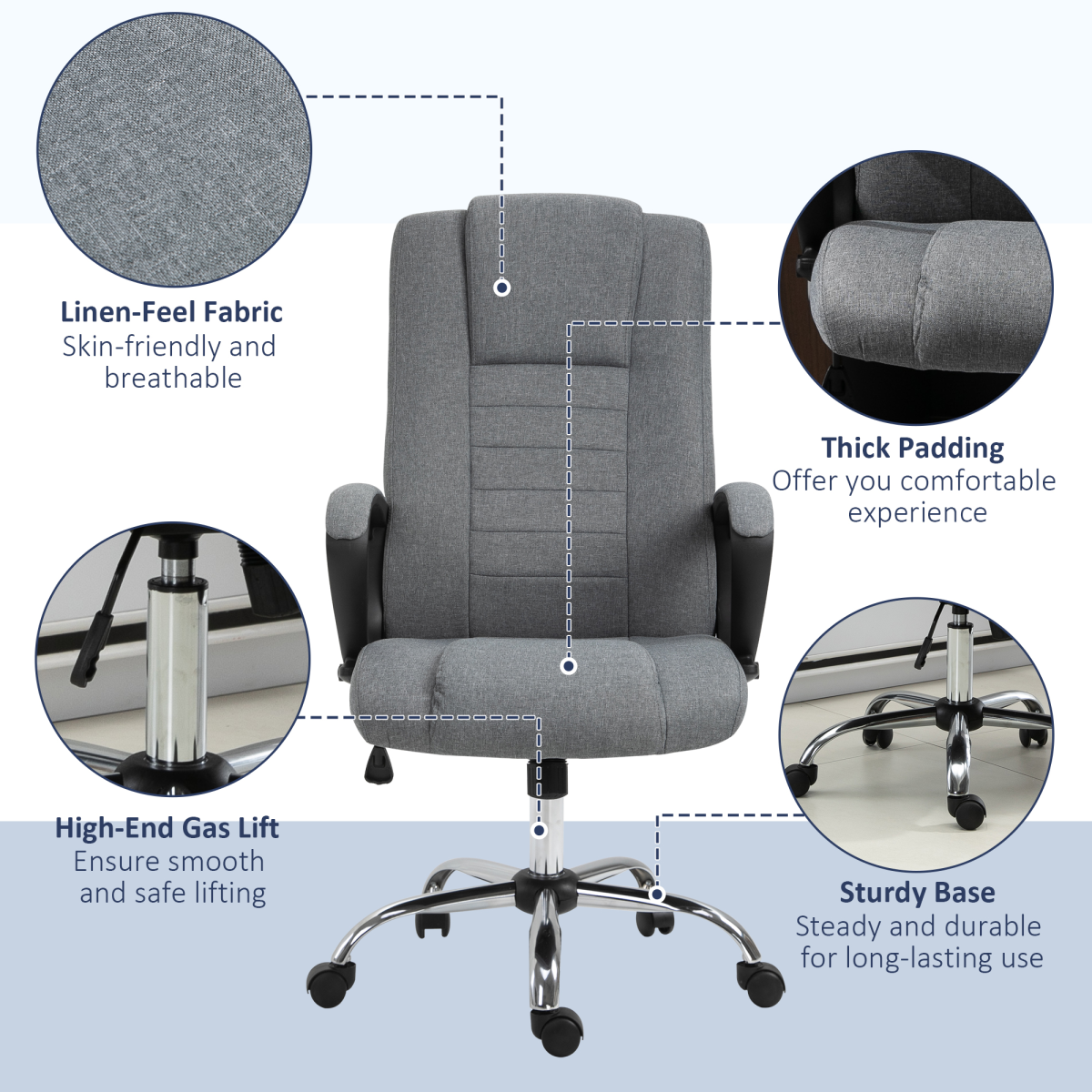 Linen Office Chair 360??Swivel High Back Wide Adjustable Seat Grey Vinsetto
