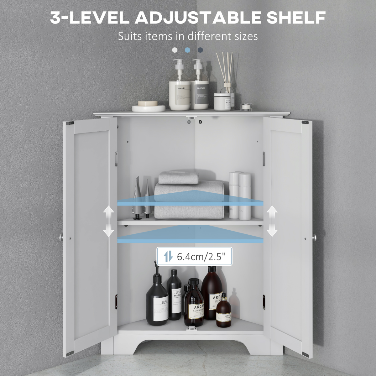 kleankin Corner Bathroom Cabinet, Recessed Doors and Adjustable Shelf, White