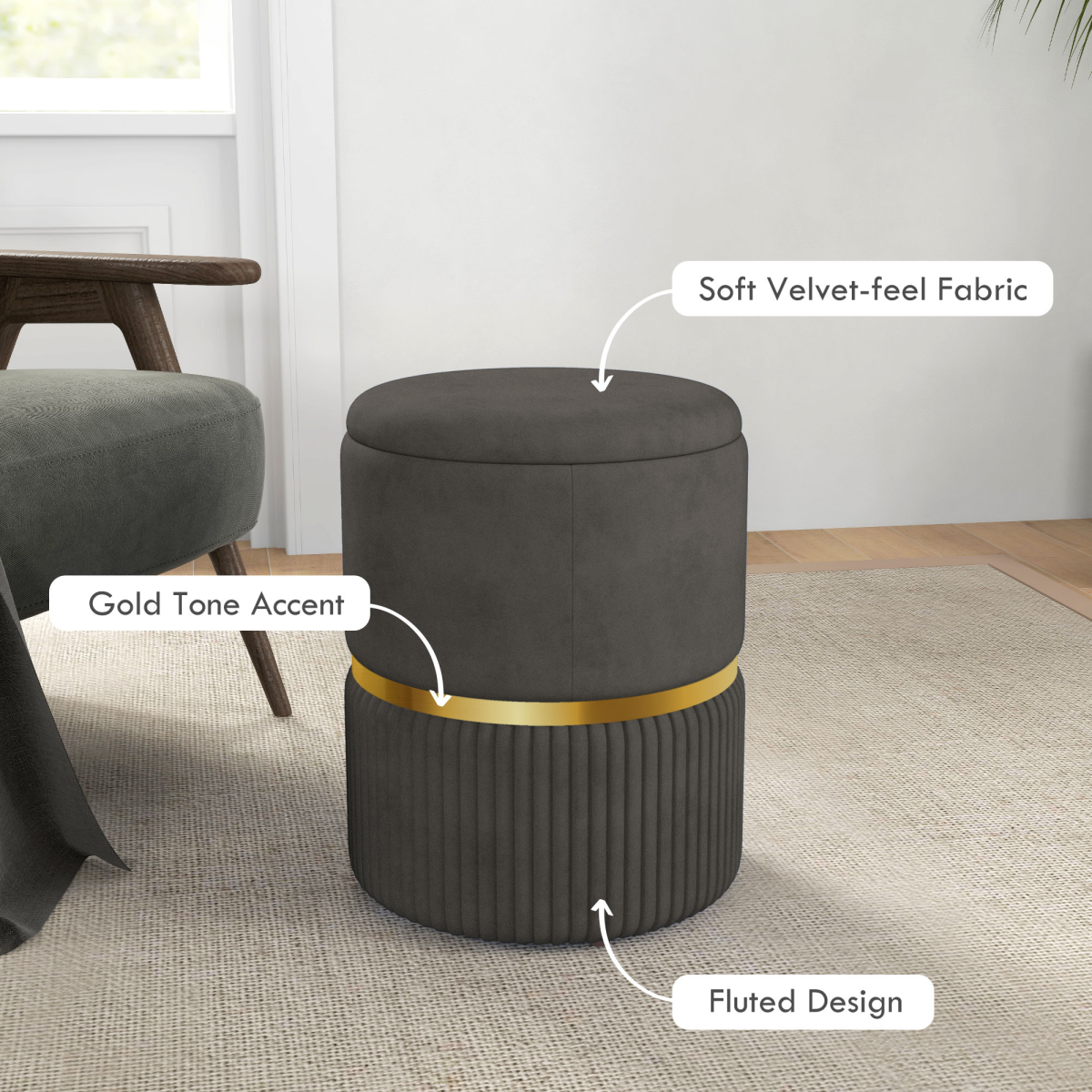 HOMCOM Round Pouffe, Storage Footstool with Cushioned Top, Hidden Space