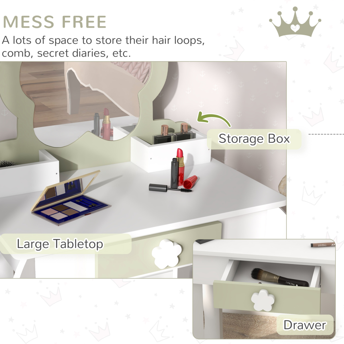 ZONEKIZ Kids Vanity Table Set, Beauty Flower Design, for Ages 3-6 Years - White