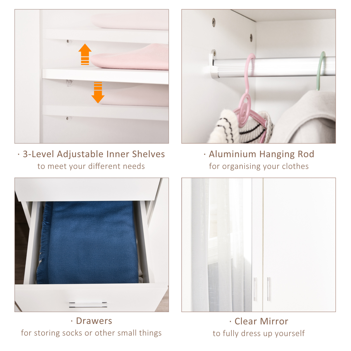 2-Door Wardrobe w/ Adjustable Shelf 3 Drawers for Bedroom, 180cm, White