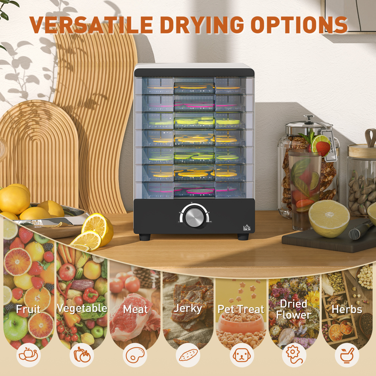 HOMCOM Food Dehydrator with 7 Stainless Steel Tray, for Fruit, Meat, White