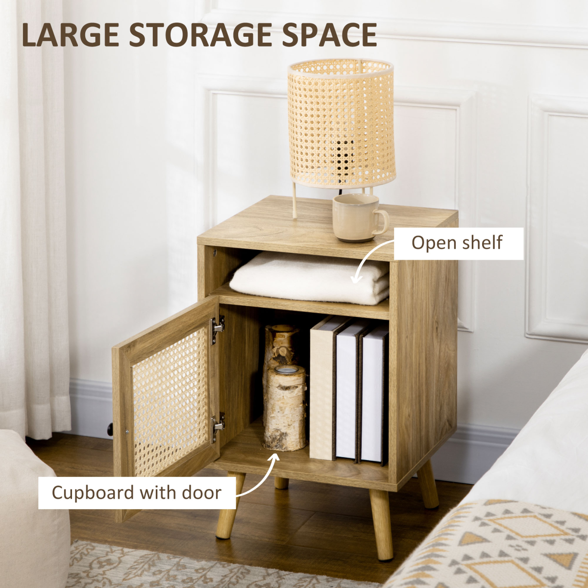 HOMCOM Nightstand, Rattan Bedside Table, Sofa Side Table w/ Cabinet, Shelf