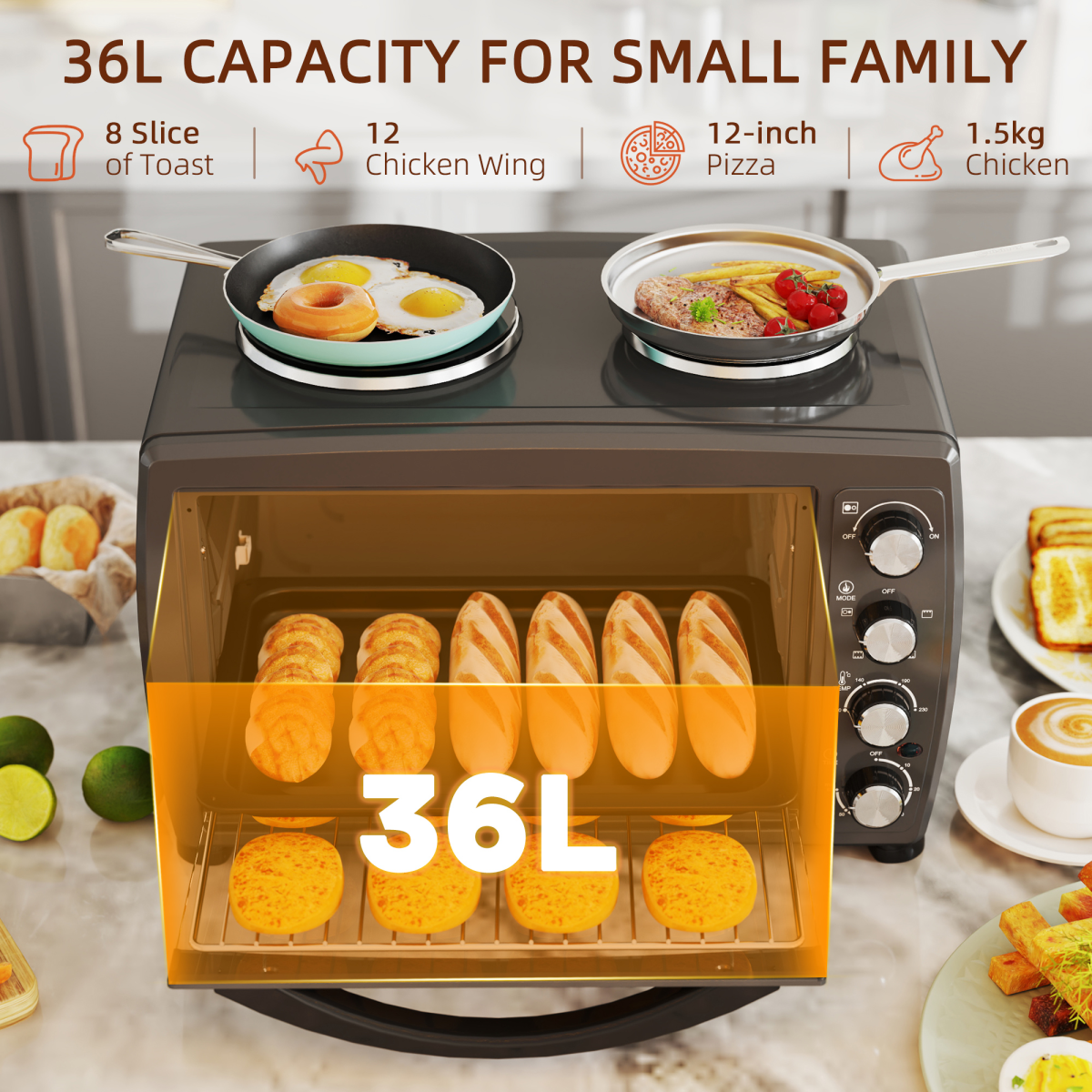 HOMCOM 36L Countertop Toaster Oven with 2 Hot Plates, Grill, Roast, Bake