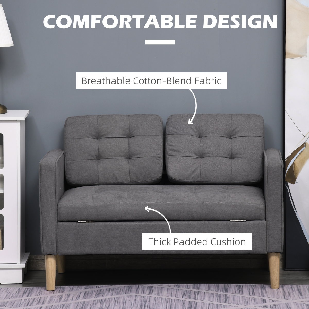 HOMCOM Compact Loveseat Sofa 2 Seater Sofa with Storage and Wood Legs Grey