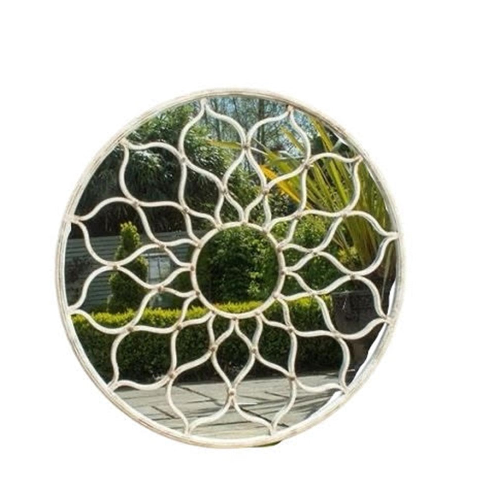 Elegant 60CM Framed Round Wall Mirror - Textured Cast Iron Frame with Mid-Century Modern Style, Ideal for Offices, Dressing Rooms, Guestrooms, or Garden Spaces (Grey Floral Mirror)