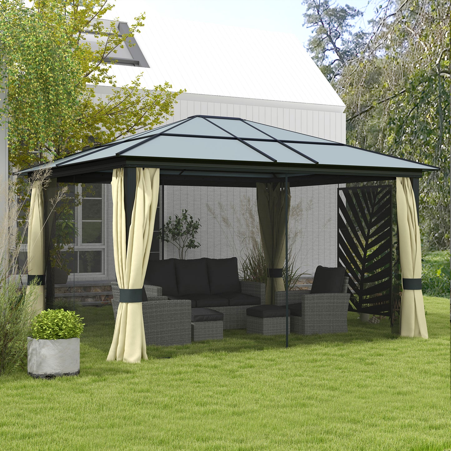 Outsunny 4.3m x 3.6m Aluminium Frame Texteline Draped Hardtop Gazebo Brown