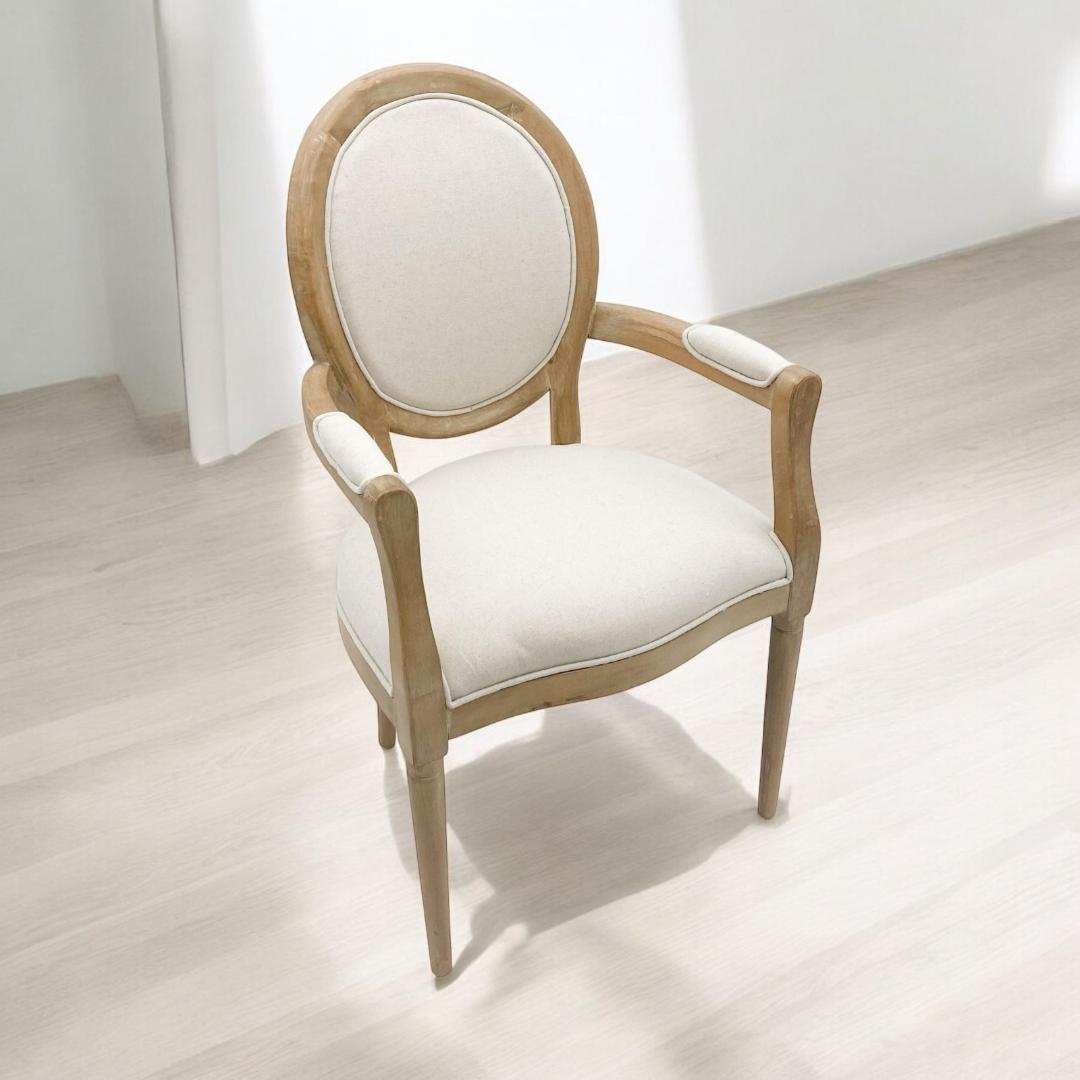 Elegant and Comfortable 94CM Louis Style Cream Linen Armchair - Oak/Grey Frame French Style Dining Chair with High Back Design for Modern Home Décor or Dining Spaces (Grey Frame Cream Linen)