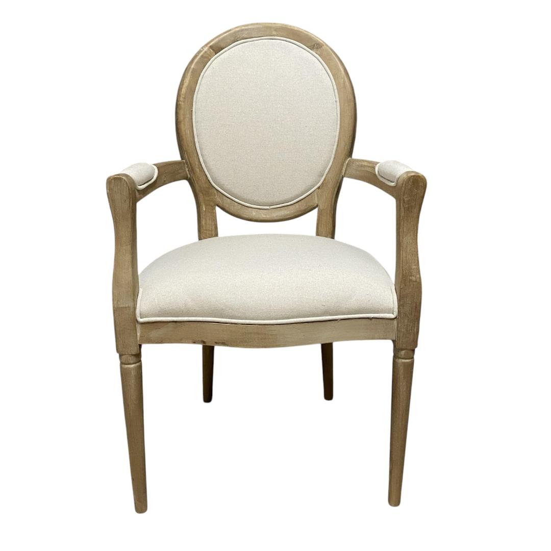 Elegant and Comfortable 94CM Louis Style Cream Linen Armchair - Oak/Grey Frame French Style Dining Chair with High Back Design for Modern Home Décor or Dining Spaces (Grey Frame Cream Linen)