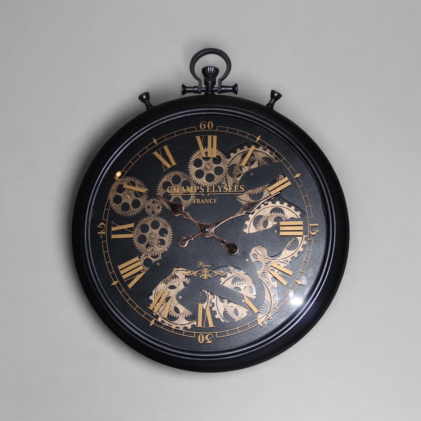Beautiful and Durable 60cm Black & Gold Wall Clock – Roman Numerals with Moving Gears, Sleek Modern Design, Iron Frame, Decorative Centrepiece for Home, Living Room, and Office