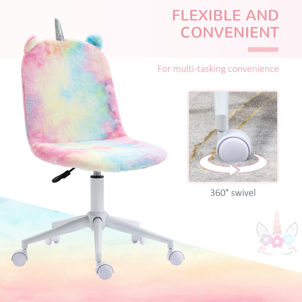 Vinsetto Fluffy Unicorn Office Chair w/ Swivel Wheel, Cute Desk Chair, Rainbow
