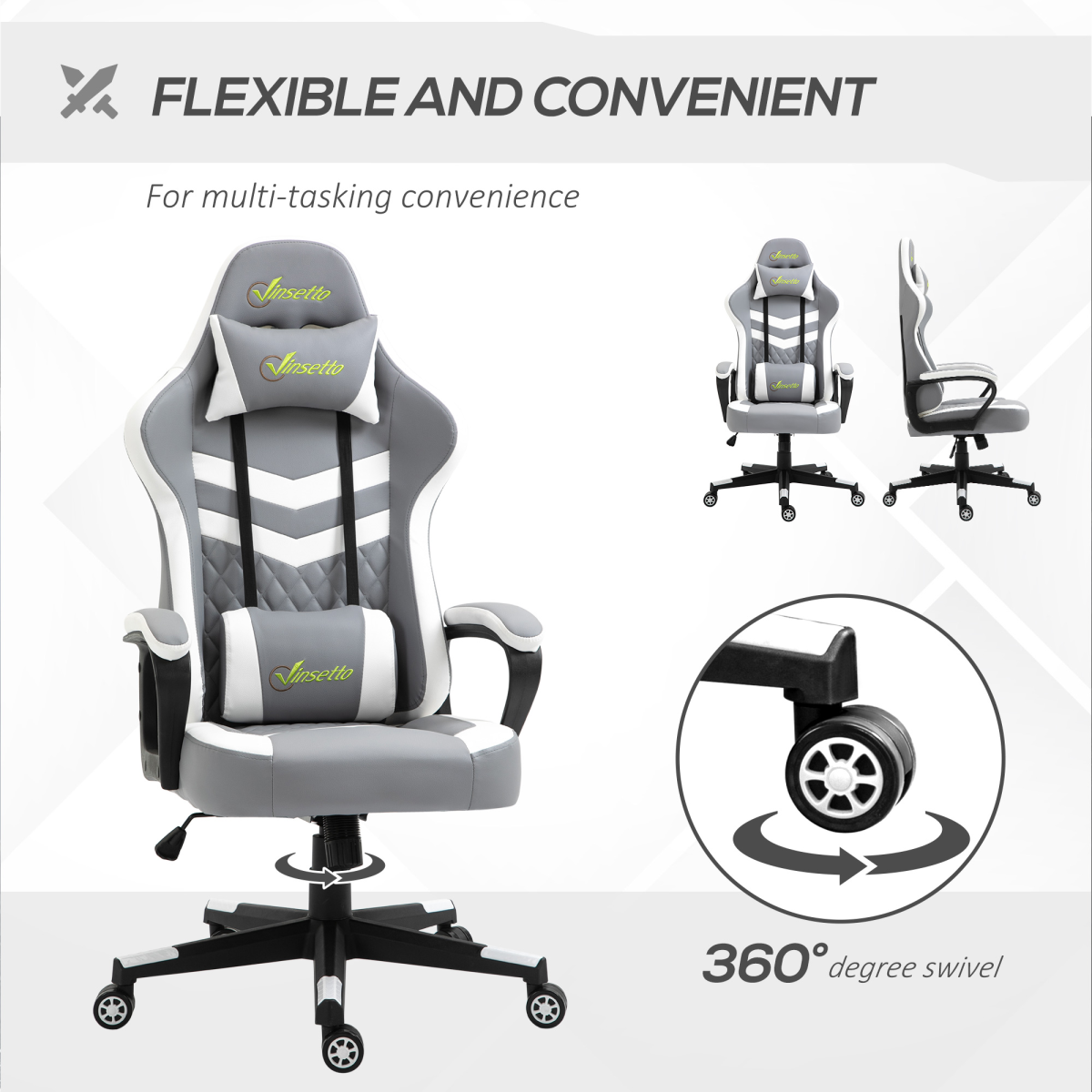 Racing Gaming Chair w/ Lumbar Support, Headrest, Gamer Office Chair, Grey White