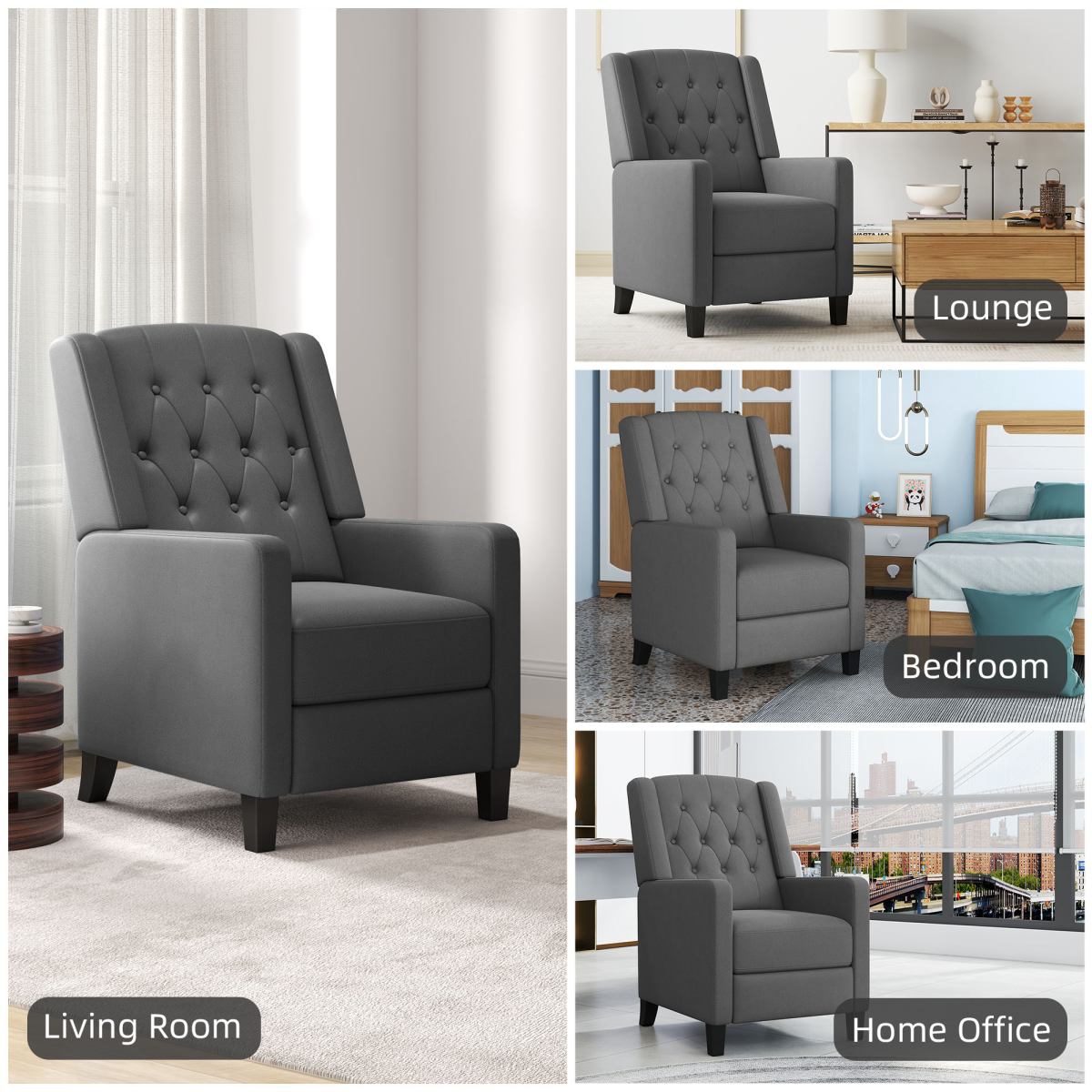 HOMCOM Button Tufted Microfibre Cloth Recliner Armchair for Living Room, Grey