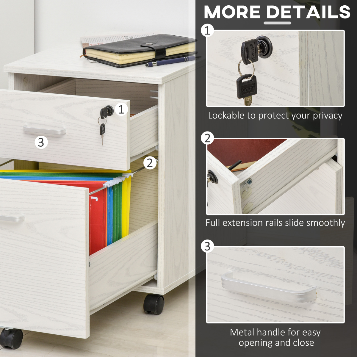 2-Drawer Locking Office Filing Cabinet 5 Wheels Rolling Storage White Vinsetto